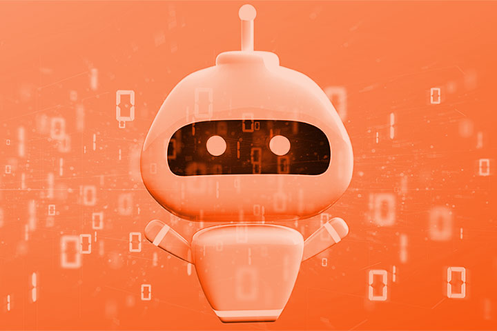En tecknad robot omgiven av siffror på en orange bakgrund.